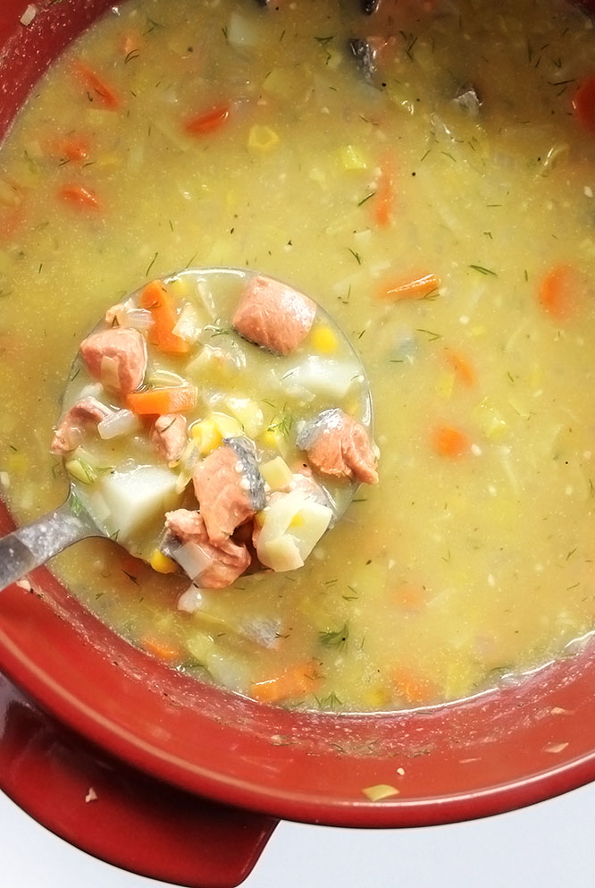 Dairy Free Salmon Chowder - A hearty soup: flaky salmon, carrots, potatoes, corn, and dill. Creamy cashew milk replaces the heavy cream. We LOVE this recipe in the spring-time! Gluten free/Dairy Free | robustrecipes.com