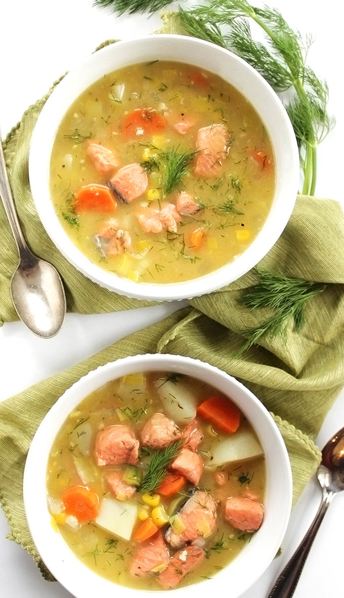 Dairy Free Salmon Chowder - Hearty soup. Flaky salmon, potatoes, carrots, corn, and dill. Cashew milk replaces the heavy cream. This is an EASY recipe to make! Gluten Free/Dairy Free. | robustrecipes.com