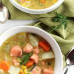 Dairy Free Salmon Chowder - A hearty soup with flaky salmon, corn, carrots, potatoes, and dill! Cashew milk replaces heavy cream! This is an EASY recipe to make. Gluten Free/Dairy Free | robustrecipes.com