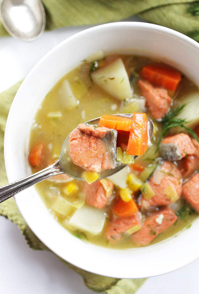 Dairy Free Salmon Chowder - Flaky salmon with corn, carrots, leeks, potatoes, and dill! Cashew milk replaces the dairy cream! This soup recipe is EASY to make! Gluten free/Dairy Free. | robustrecipes.com