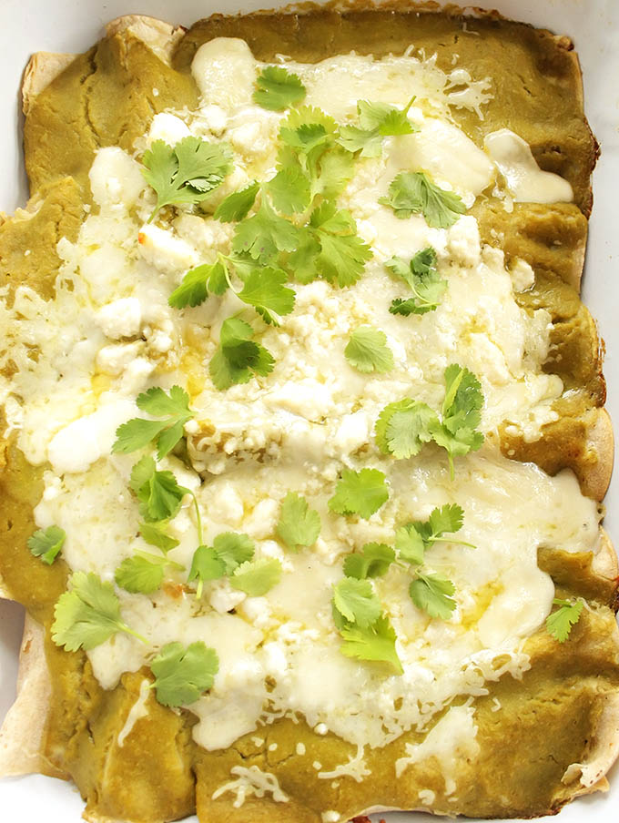 Easy Green Chicken Enchiladas - BEST ENCHILADAS! Stuffed with shredded chicken and cheese. Topped with roasted green enchilada sauce. Perfect for weeknight meal! Gluten free. |robustrecipes.com