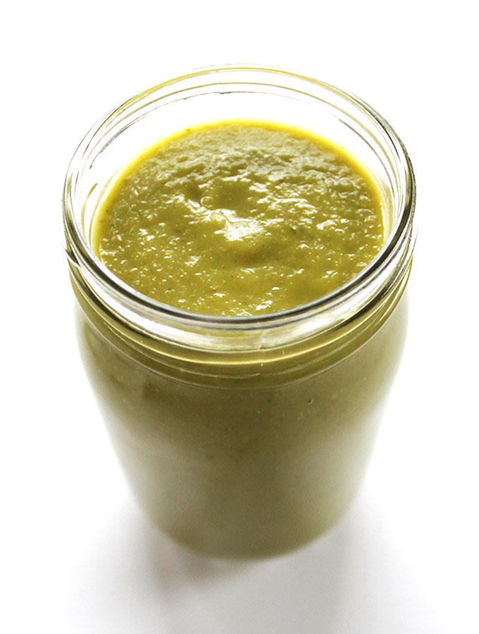 Roasted Green Enchilada Sauce - Creamy spicy-smoky sauce that's great for enchiladas. Also good on tacos, eggs, chicken etc. This recipe is EASY to make: roast everything, then blend! Vegan/Gluten Free. | robustrecipes.com