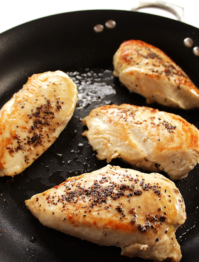 Pan seared chicken breasts for One Pan Apricot Chicken.
