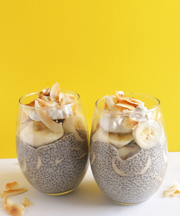 Coconut Banana Chia Seed Pudding - A decadent, yet healthy dessert recipe that's super EASY to make. Coconut chia pudding with layers of fresh bananas! Vegan/Gluten Free/Refined Sugar Free!