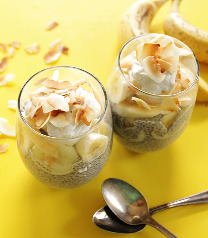 Coconut Banana Chia Seed Pudding - coconut chia seed pudding with slices of bananas, topped with coconut whipped cream and toasted coconut flakes. A super easy dessert recipe to make that's actually healthy for you! Vegan/Gluten Free/Refined Sugar Free.