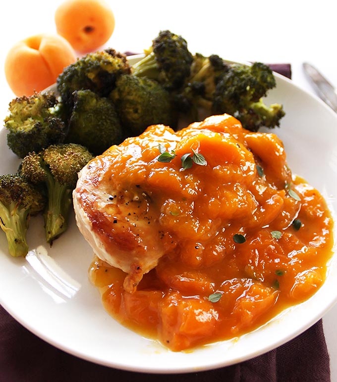 One Pan Apricot chicken - Pan seared chicken breasts and a sweet, luscious sauce made from apricots. This recipe is impressive enough for special occasions and EASY enough to make for a weeknight meal! Gluten Free/Refined Sugar Free.