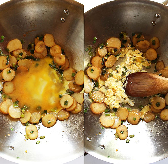 Pineapple and Ham Quinoa Stir Fry - Scrambling the egg!