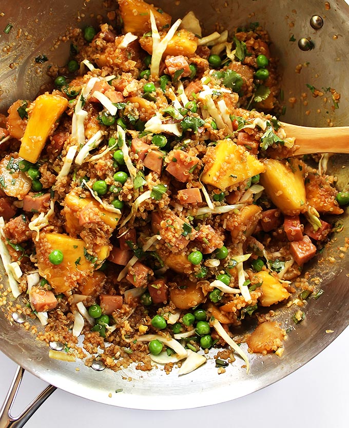 Pineapple and Ham Quinoa Stir Fry - Salty and sweet and packed with veggies and protein. Gluten Free.