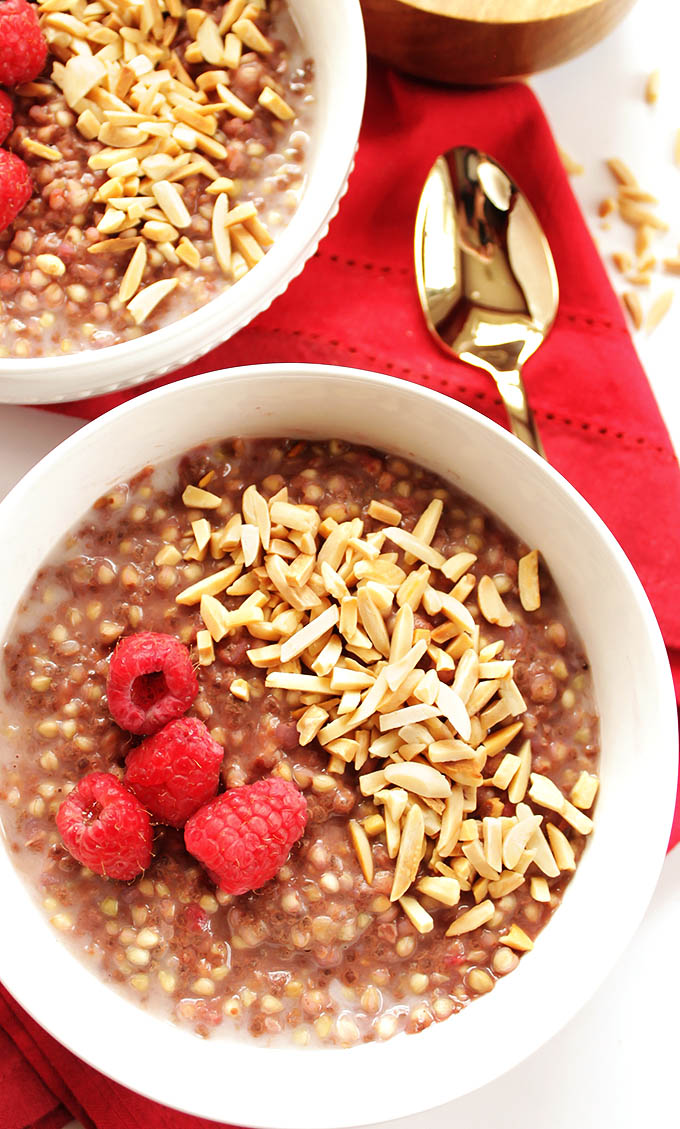 Raspberry Buckwheat Breakfast Porridge - EASY breakfast, comes together in 12 minutes. Creamy, satisfying, wholesome real food breakfast! Perfect for chilly mornings. Vegan/Gluten Free | robustrecipes.com
