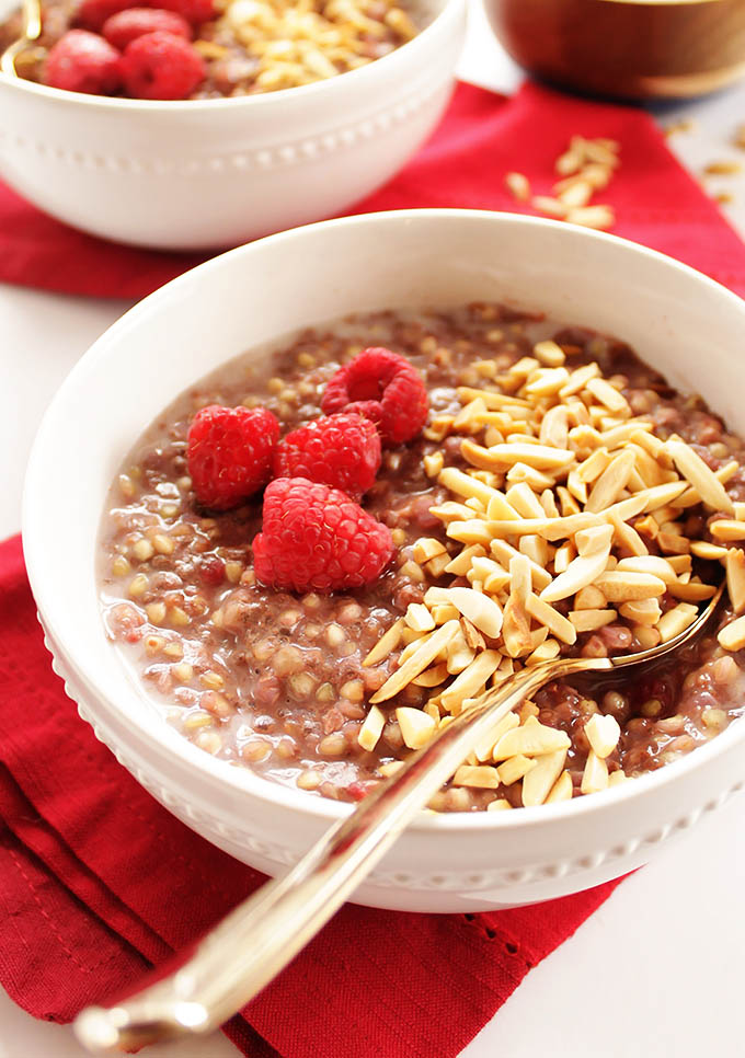 Raspberry Buckwheat Breakfast Porridge - Creamy, hearty breakfast that comes together in 12 minutes! Perfect for chilly mornings. Vegan/Gluten Free. | robustrecipes.com