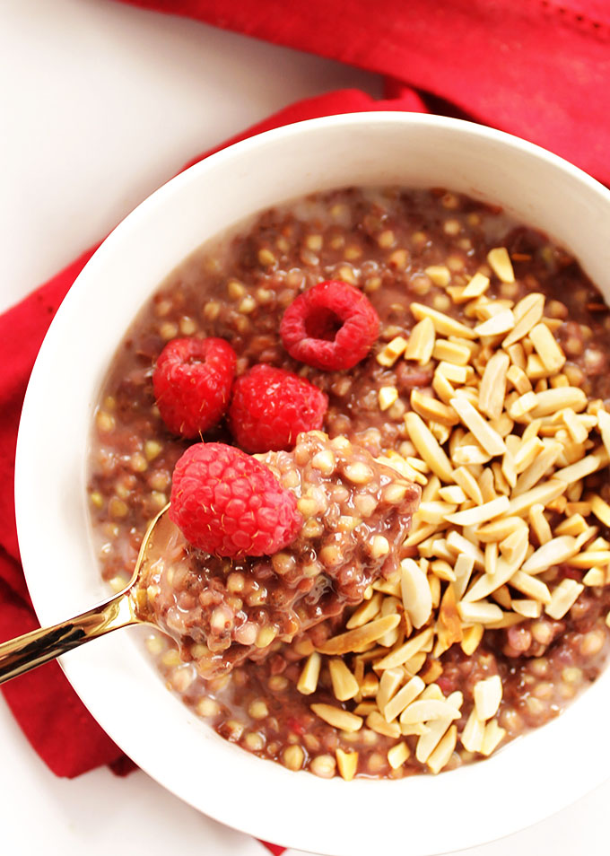 Raspberry Buckwheat Breakfast Porridge - Creamy, satisfying breakfast that comes together in 12 minutes! EASY, wholesome food. Perfect for chilly mornings. Vegan/Gluten Free. | robustrecipes.com