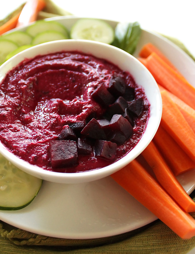 Beet Basil Hummus - Hummus that's loaded with sweet beets and fresh basil. This recipe is EASY to make, healthy, and perfect for summer! Vegetarian/Gluten Free