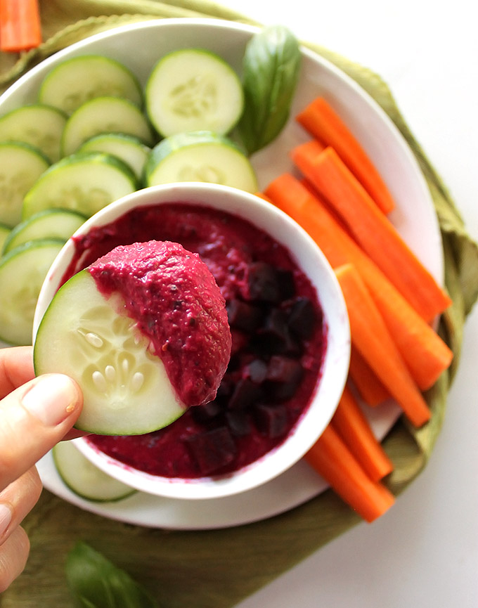 Beet Basil Hummus - Hummus that is loaded with beautiful sweet beets, plenty of fresh basil, and chickpeas of course. We love this hummus in the summer! Gluten Free/Vegetarian
