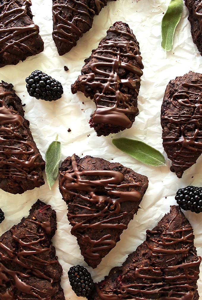 Gluten Free Chocolate Blackberry Sage Scones - Rich with chocolate and bursting with sweet blackberries with hints of sage! We love these scones as a dessert or snack! Gluten Free!