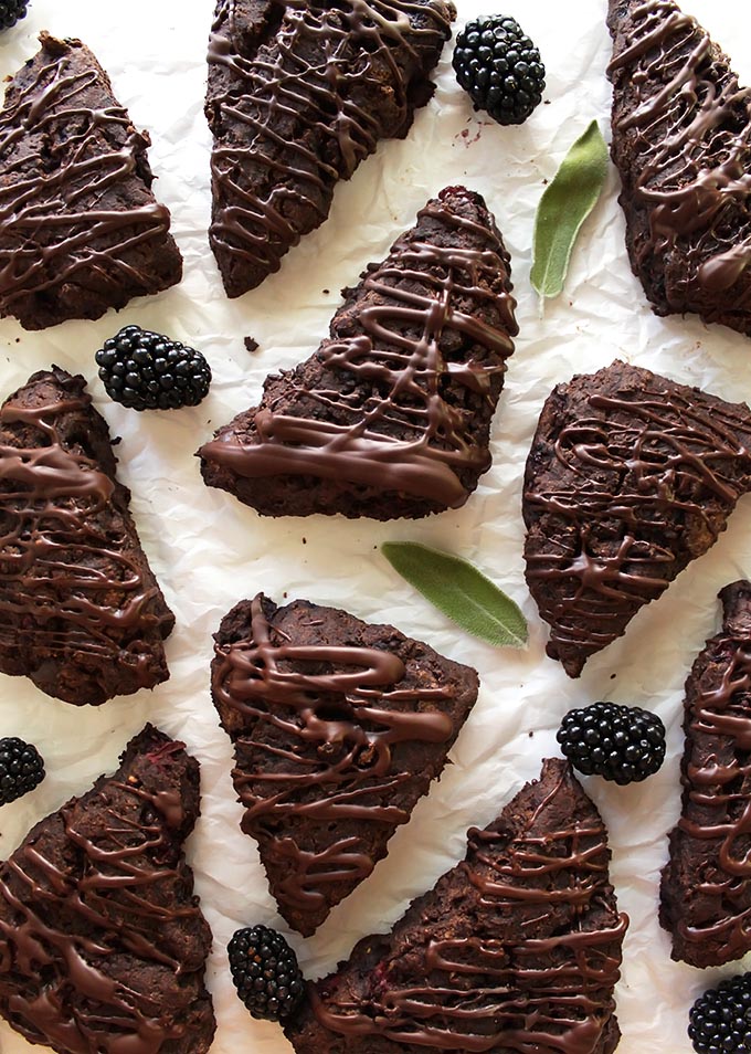 Gluten Free Chocolate Blackberry Sage Scones - Rich and chocolate-y with hints of sage and bursting with fresh blackberries! This recipe uses buckwheat flour and all purpose gluten free! Perfect as a snack or dessert! Gluten Free.