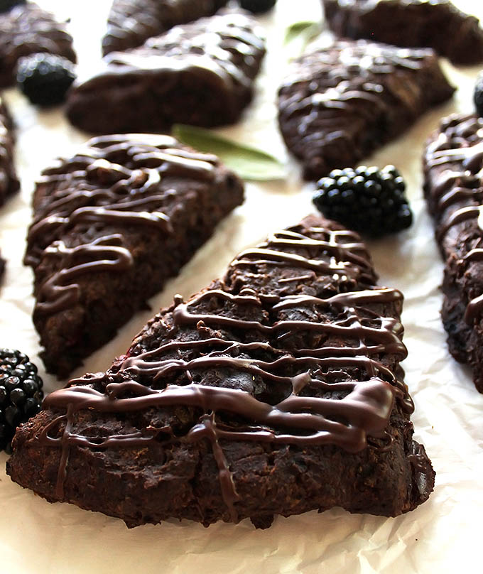 Gluten Free Chocolate Blackberry Sage Scones - Rich, chocolate-y scones with hints of sage and bursting with fresh blackberries. Perfect for a dessert of snack! Gluten Free