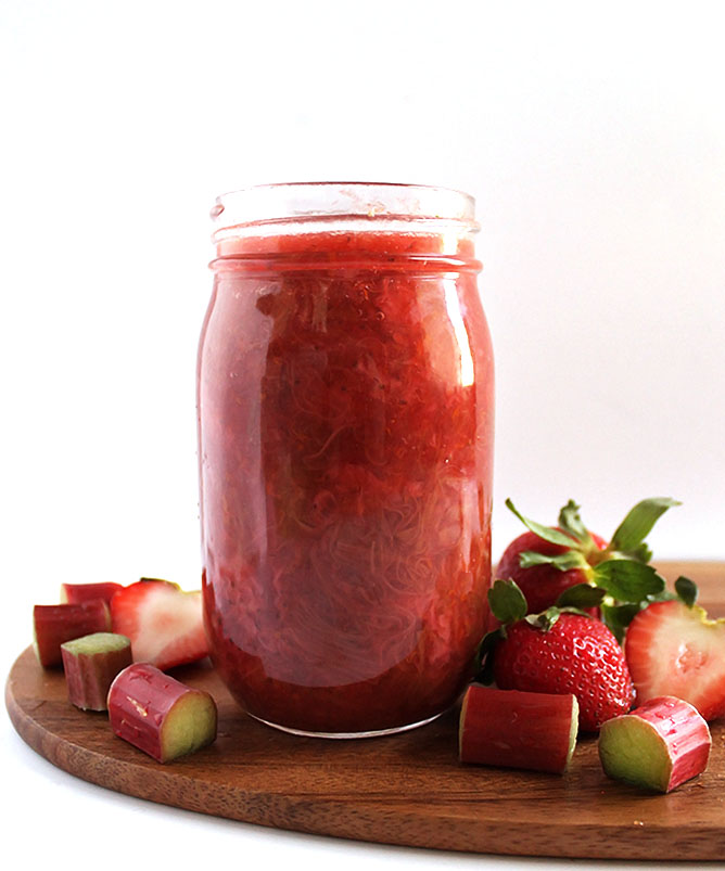 Strawberry Rhubarb Compote - Sweet and tart compote that can be spread/drizzled on anything. Toast, pancakes, ice cream! Very EASY recipe to make! Refined sugar free/Gluten Free.