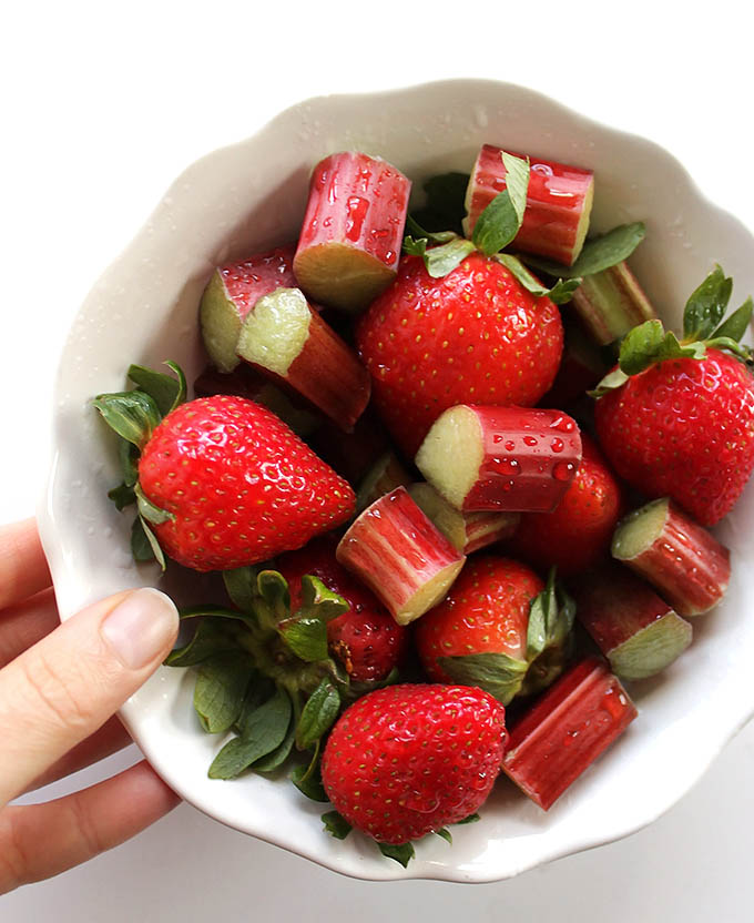 Fresh strawberries and rhubarb for Strawberry Rhubarb Compote.