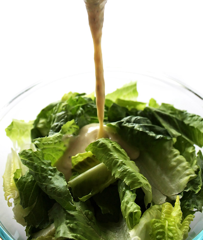 Thick, creamy egg-less salad dressing for Easy Caesar Salad. Gluten Free