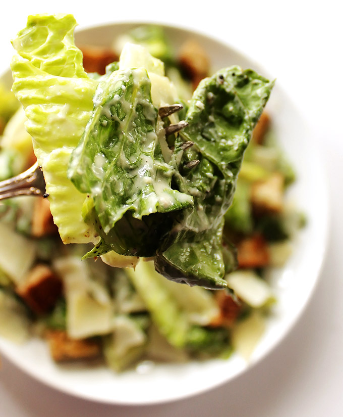 Easy Caesar Salad - With stove top gluten free croutons and an easy egg free dressing! A simple, classic, and delicious recipe! Gluten Free.