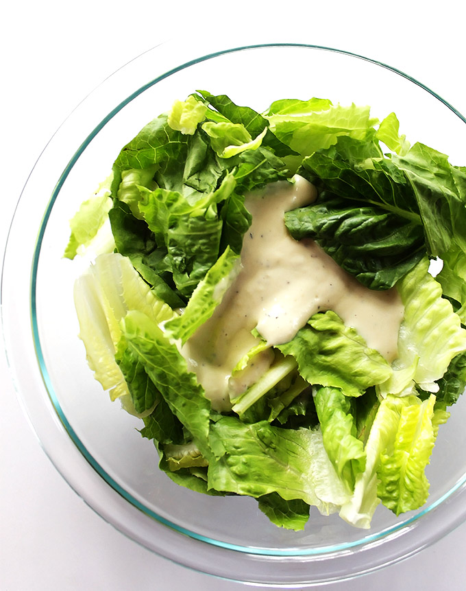 Egg-less dressing for Easy Caesar Salad. Gluten Free