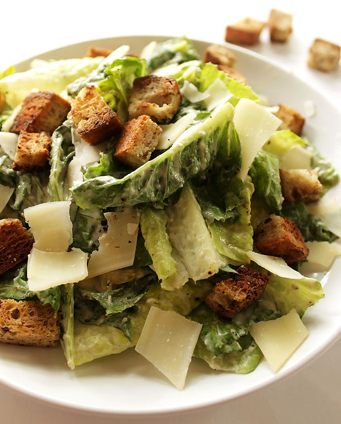 Easy Caesar Salad - With gluten free stove top croutons and egg-less dressing! You will love this recipe, it's refreshing, classic, and delicious! Gluten Free.