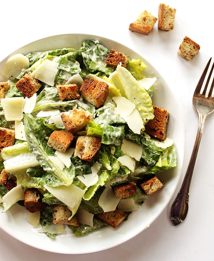 Easy Caesar Salad - Stove top gluten free croutons and a creamy dressing made without eggs. This recipe is classic, delicious, and refreshing! Gluten Free!