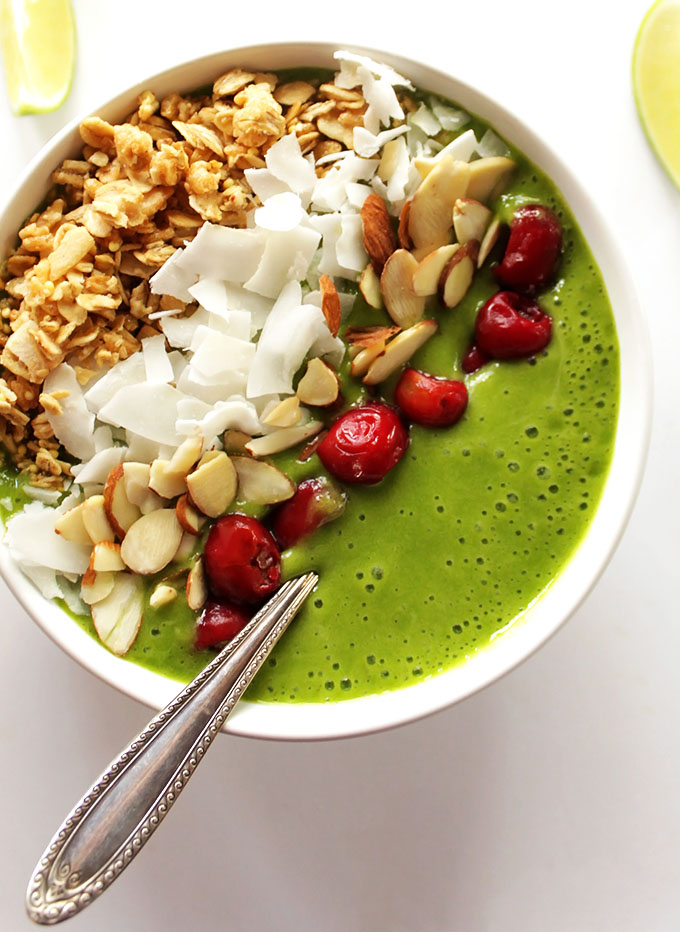 Green Lime Smoothie Bowl - Thick, creamy, slightly sweet, and tangy. Sky is the limit on the toppings! This recipe is perfect for breakfast or a snack! Vegan/ gluten free/ refined sugar free.