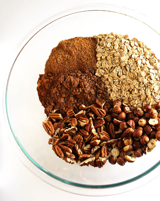 Ingredients for Crunchy Chocolate Hazelnut Granola. gluten free and refined sugar free.