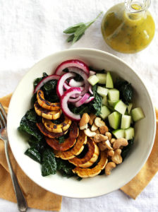 Fall Kale Salad with Roasted Delicata squash - Perfect for a side salad or easy to adapt for a complete meal. Warming and satisfying recipe! vegan/gluten free