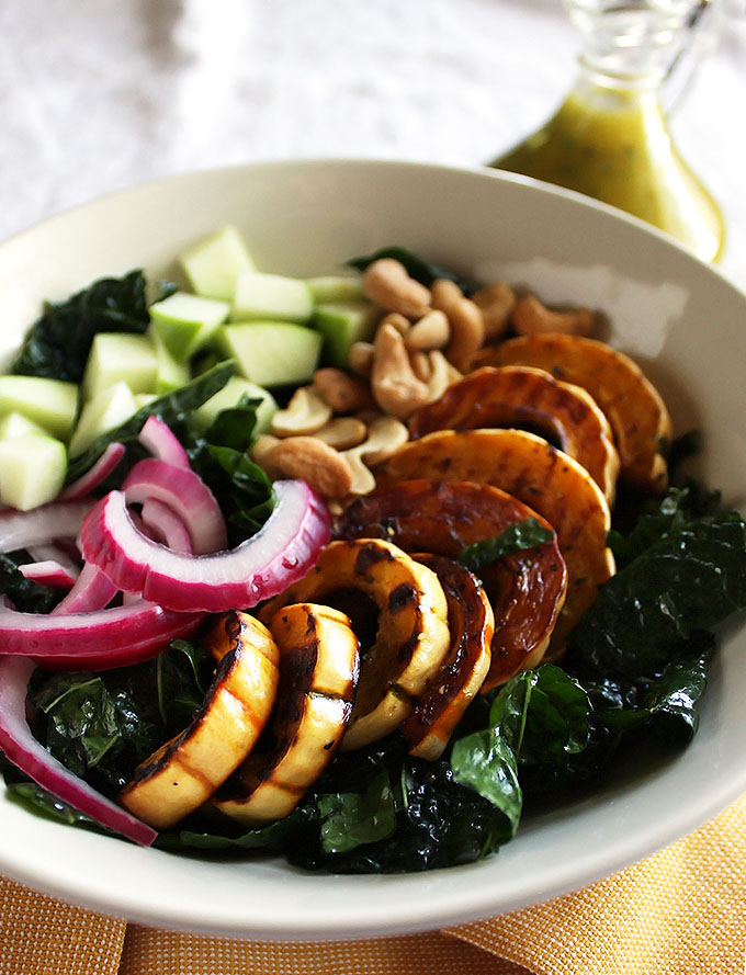 Fall kale salad with roasted delicata squash - This recipe is perfect for a side salad or easily adaptable for a meal. Warming, and satisfying! Gluten free/ vegan