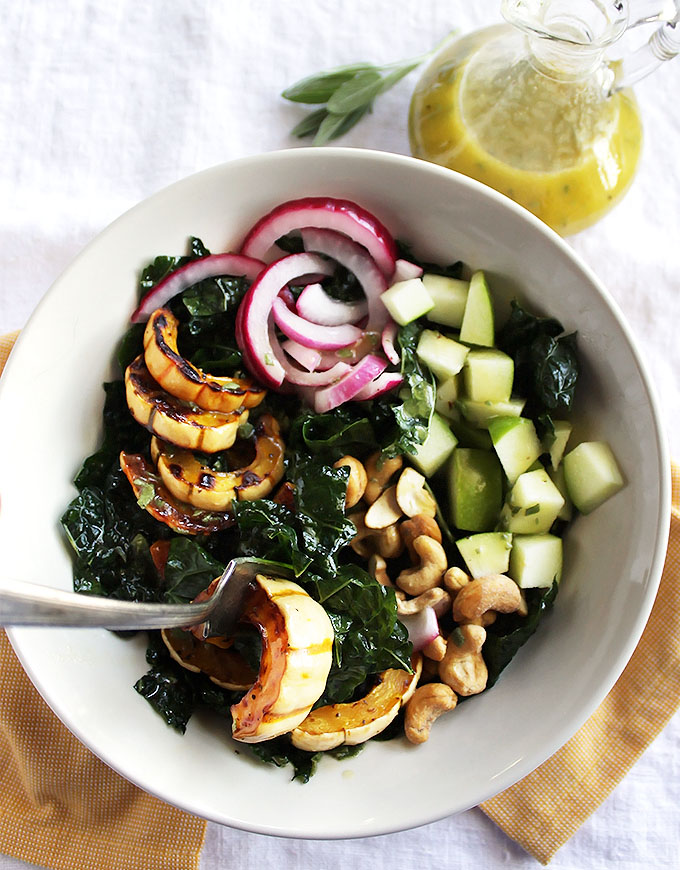 Fall Kale Salad with Roasted Delicata Squash - This recipe is easy to make! Perfect for a side salad or adaptable for a complete meal. Warming and satisfying. Vegan/gluten free!