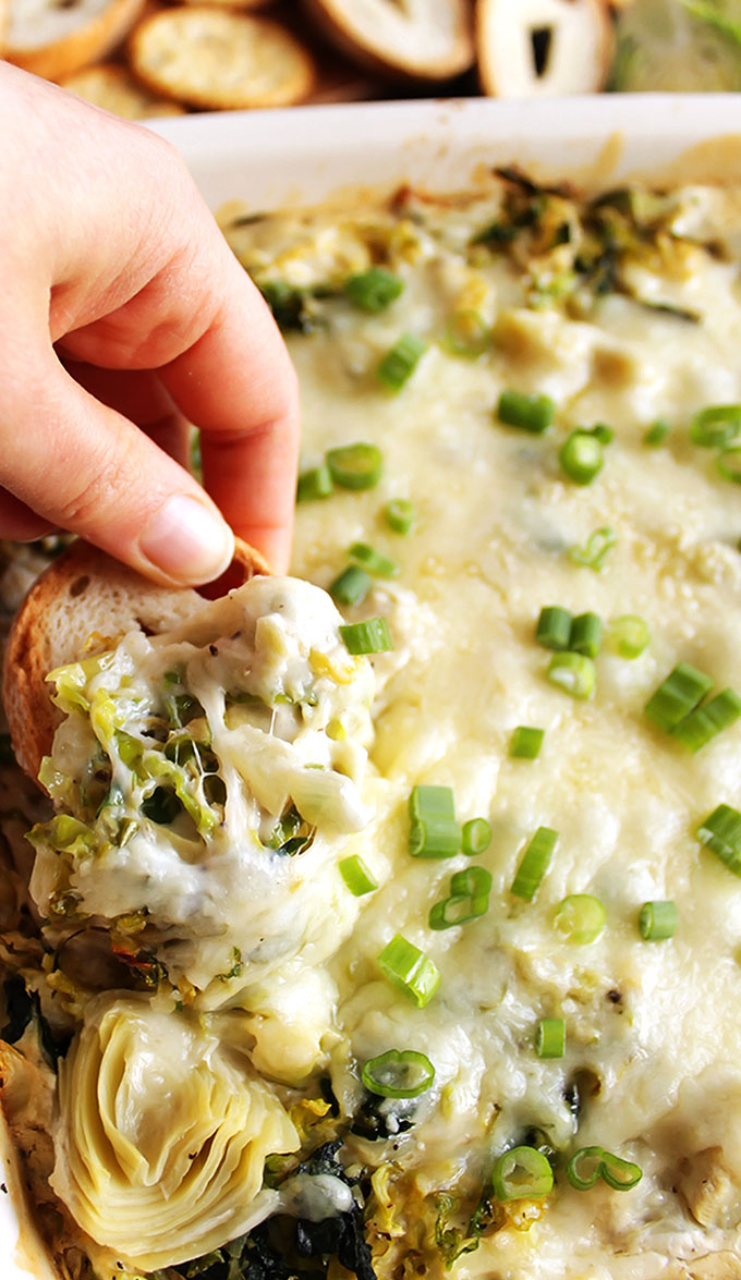 Creamy Brussels Sprouts and Artichoke Dip - Perfect dip for parties! Rich, creamy, cheesy, and packed with veggies! This recipe is dairy free adaptable! So warm and comforting! Gluten Free | robustrecipes.com