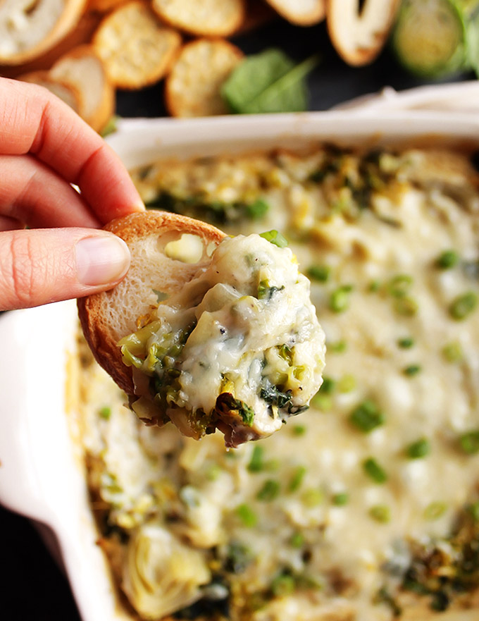 Creamy Brussels Sprouts and Artichoke Dip - Hearty, creamy, and and packed with veggies. Perfect for parties! This recipe is dairy free adaptable. So comforting and warm!! Gluten Free | robustrecipes,com