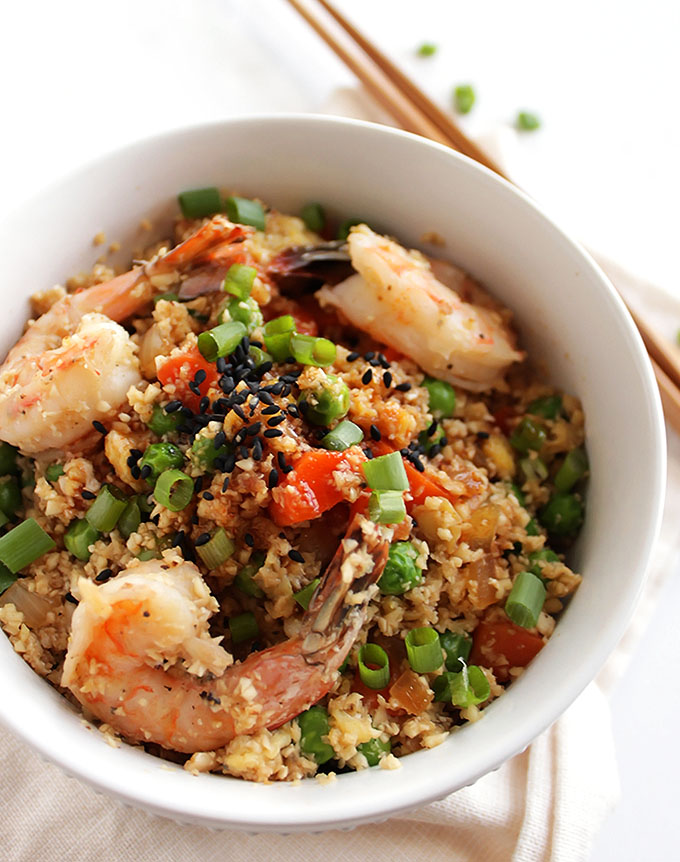 Cauliflower Fried Rice with Shrimp - This recipe only takes 30 minutes to make and one pan! A healthier version of traditional fried rice! Packed with tons of veggies. Perfect for a weeknight meal! Gluten free/dairy free | robustrecipes.com