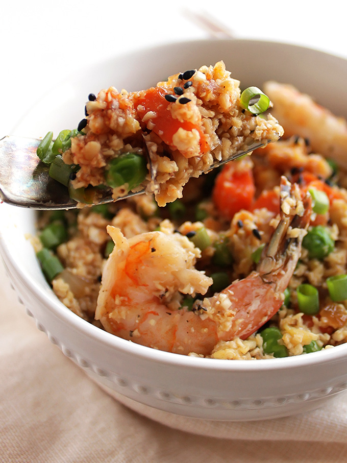 Cauliflower Fried Rice with Shrimp - A healthier take on traditional fried rice. Packed with veggies. This recipe is EASY to make and used one pan! Gluten free/Dairy Free | robustrecipes.com