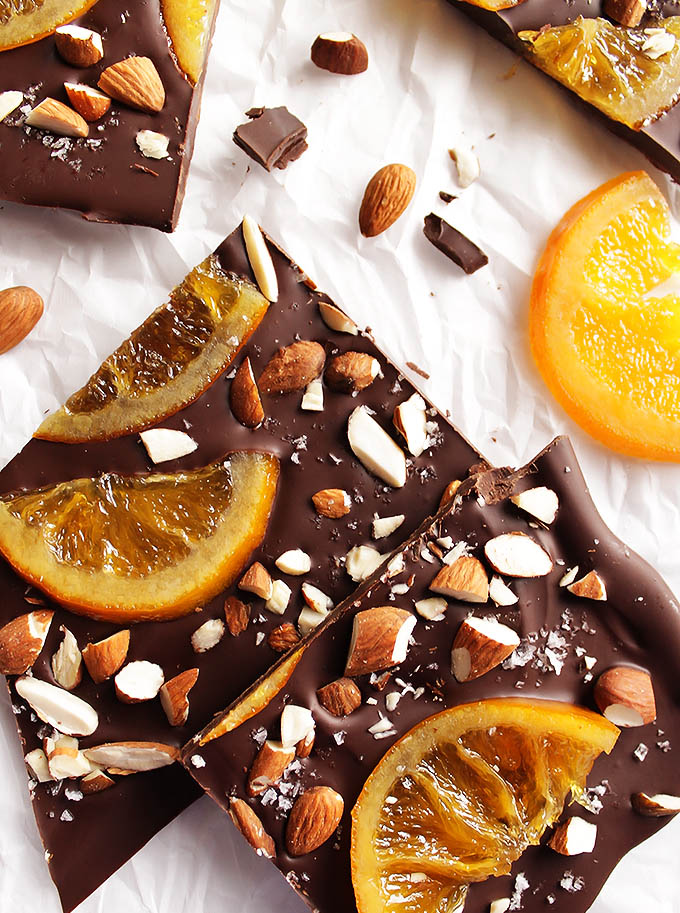 Dark Chocolate Bark with Candied Oranges - This recipe is perfect for holiday treats or as an edible gift! So delicious! Dark chocolate topped with juicy candied oranges and sea salt!!! Gluten Free | robustrecipes.com