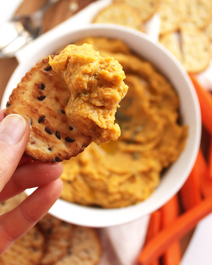 Pumpkin Sage Hummus - The Perfect balance of sweet and savory. Perfect appetizer for fall or winter time parties. This recipe is EASY to make! So good! Vegan/Gluten Free/ Vegetarian | robustrecipes.com