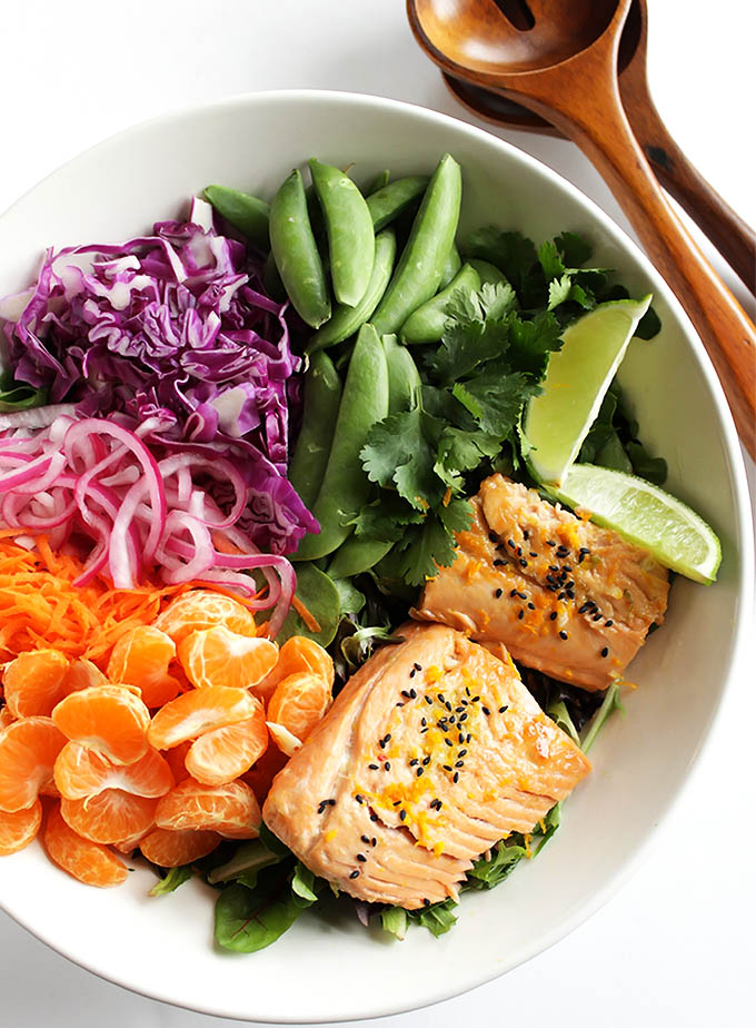Asian Citrus Salad with Marinated Salmon - Colorful veggie packed salad that's topped with a creamy citrus dressing and citrus marinated salmon! We love this recipe during the winter! Gluten Free/Dairy Free/Soy Free | robustrecipes.com