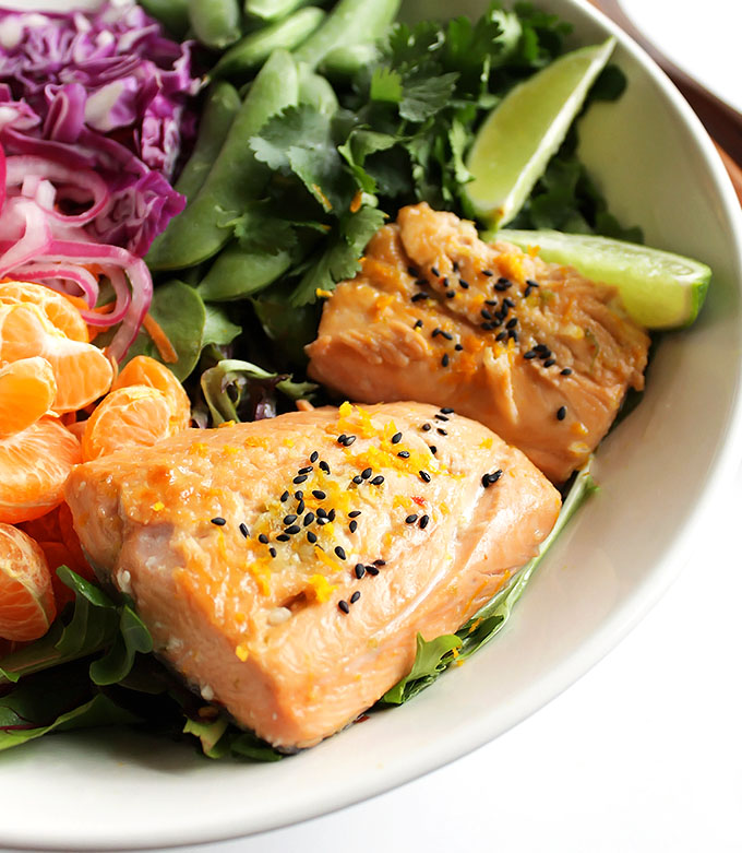 Asian Citrus Salad with Marinated Salmon -This rainbow salad is packed with veggies and mandarin oranges. It is topped with a creamy citrus dressing and citrus marinated salmon. This recipe is one of my favorites to make during the winter! So YUM! Gluten Free/Dairy Free/Soy Free | robustrecipes.com