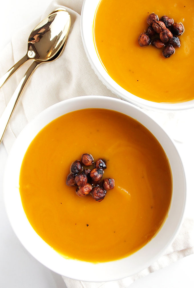 Slow Cooker Butternut Squash Soup - Simple ingredients, creamy, and slightly sweet. Topped with crispy chickpeas. This recipe makes a huge batch, it's perfect for recipe planning and freezes well. We LOVE this soup in the winter or fall. Vegan//Gluten Free | robustrecipes.com