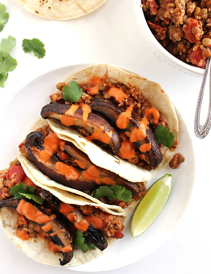Lentil Mushroom Tacos with Creamy Chipotle Sauce - Satisfying vegan tacos packed with 10 grams of protein and 6 grams of fiber! This recipe only takes 40 minutes to make! Perfect for a weeknight meal! Vegan/Dairy Free/Gluten Free | robustrecipes.com