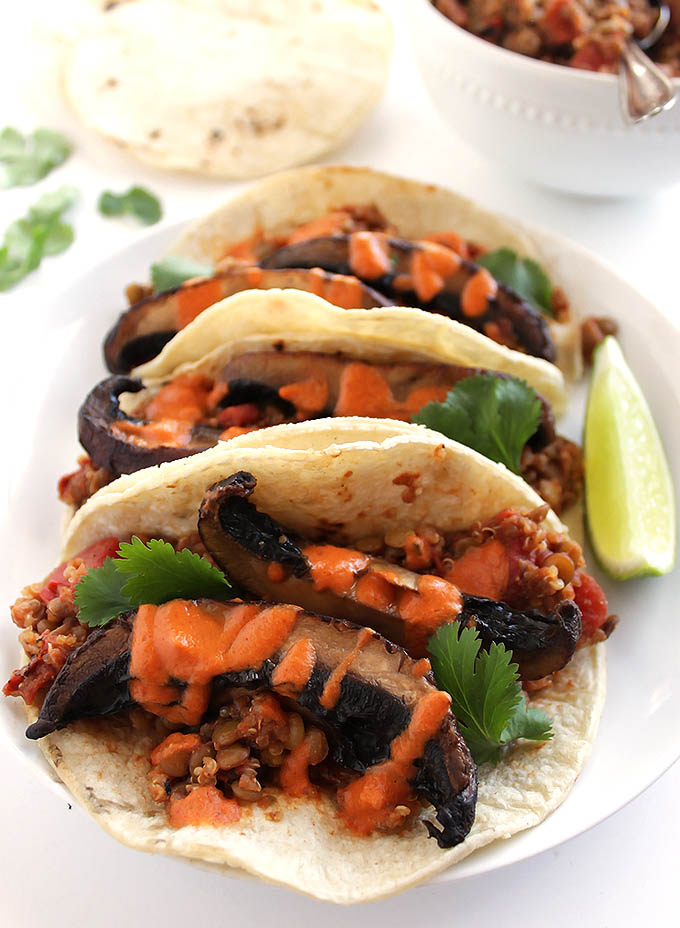 Lentil Mushroom Tacos with Creamy Chipotle Sauce - Filling and satisfying vegan tacos! Packed with 10 grams of protein and 6 grams of fiber! This recipe only takes 40 minutes to make! Gluten Free/Vegan/Dairy Free | robustrecipes.com