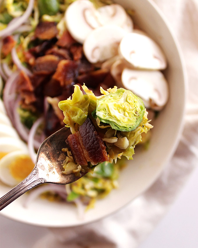 Brussels Sprouts Salad with Warm Bacon Dressing - Crunchy, shredded Brussels Sprouts tossed in a smoky, tangy warm bacon dressing. Everything is topped with hard boiled eggs, mushrooms, red onion and BACON! This recipe makes a great side salad or entree salad! Gluten free/Dairy Free | robustrecipes.com
