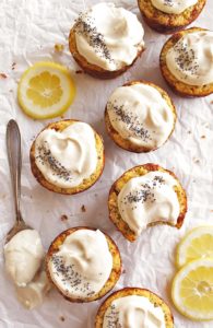Grain Free Lemon Poppy Seed Muffins - Fluffy, lemon-y muffins topped with a tangy cashew glaze. This recipe is perfect for parties, brunch, or breakfast. These are some of our fave muffins! Gluten Free/Dairy Free/ Grain Free/ Refined Sugar Free | robustrecipes.com