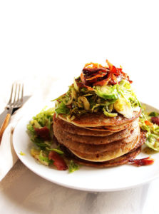 Irish Boxty Potato Pancakes with Brussels Sprouts and Bacon - Tender, fluffy pancakes with shaved Brussels sprouts and crispy bacon, plus drizzled with a honey mustard sauce! Based off of a traditional Irish recipe. Perfect for breakfast, brunch parties, or St. Patrick's Day! Gluten Free | robustrecipes.com
