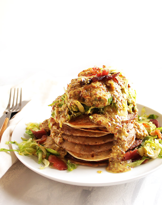 Irish Boxty Potato Pancakes with Brussels Sprouts and Bacon - Fluffy, soft pancakes topped with warm shaved Brussels sprouts, crispy bacon, and a honey mustard sauce. Based on a traditional Irish recipe. Perfect for St. Patrick's day or brunch! Gluten Free | robustrecipes.com