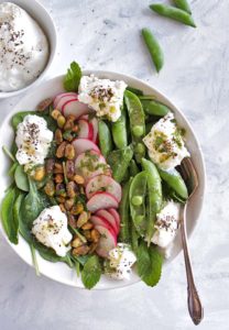 Simple Spring Salad with Sugar Snap Peas and Burrata - Comes together in only 10 minutes. Loaded with veggies and perfect as a side salad or appetizer. Gluten free/vegetarian! | robustrecipes.com