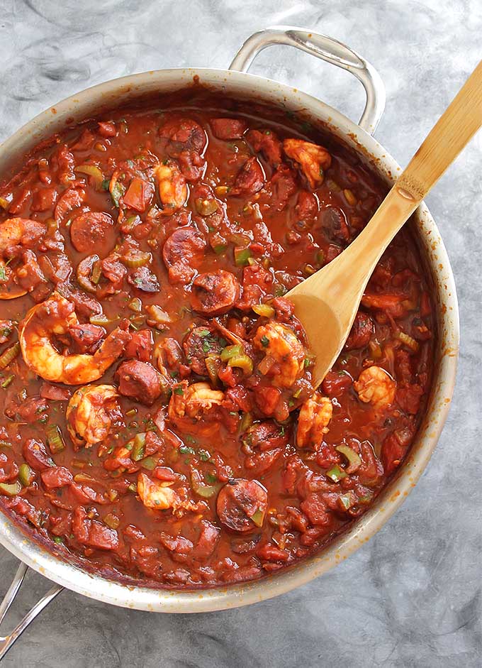 Spicy Sausage and Shrimp Creole - Warming, comforting, and hearty. This recipe is EASY to make: 40 minutes, 2 pans, and serves 8 to 10 people! It's perfect for meal prepping or serving a crowd! Gluten Free/Dairy Free | robustrecipes.com