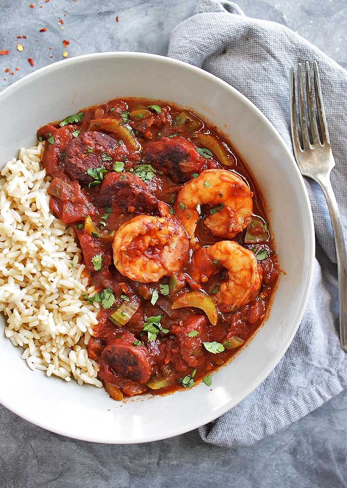 Spicy Sausage and Shrimp Creole - Comforting, warming, and hearty. This recipe is EASY to make: 40 minutes and serves 8 to 10 people. Perfect for serving a crowd or meal prepping! Dairy Free/Gluten Free | robustrecipes.com